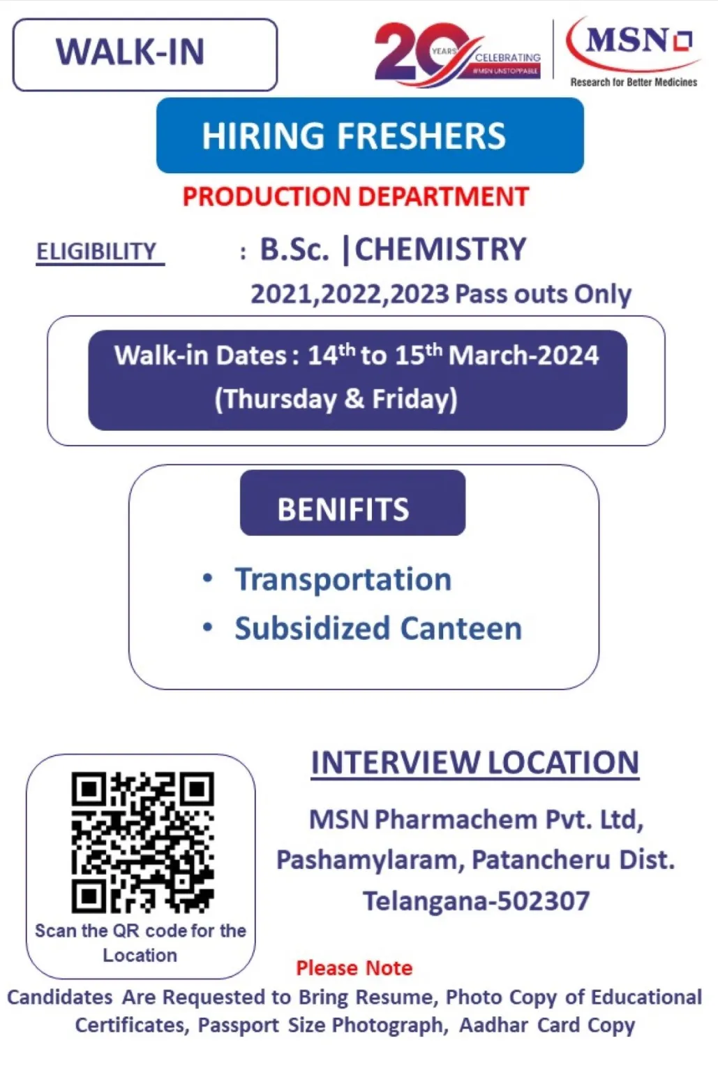 MSN Pharmachem - Walk-In Interview for FRESHERS on 14th & 15th Mar 2024